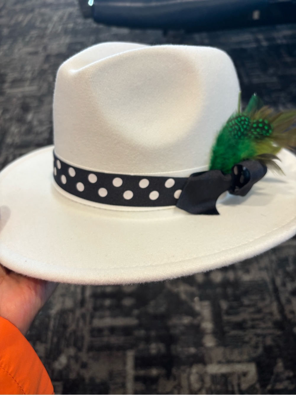 White Felt Fedora with Polka Dot Band and Green Feather